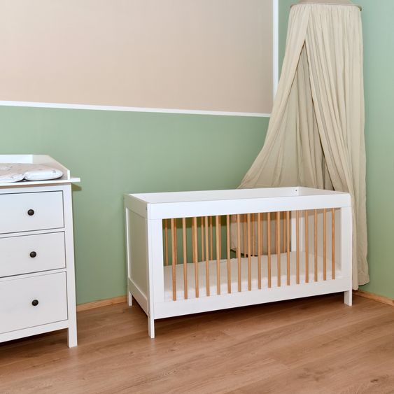 jonka Crib and toddler bed Erwin with 3-way height-adjustable slatted frame and 3 rungs 70 x 140 cm - White natural lattice