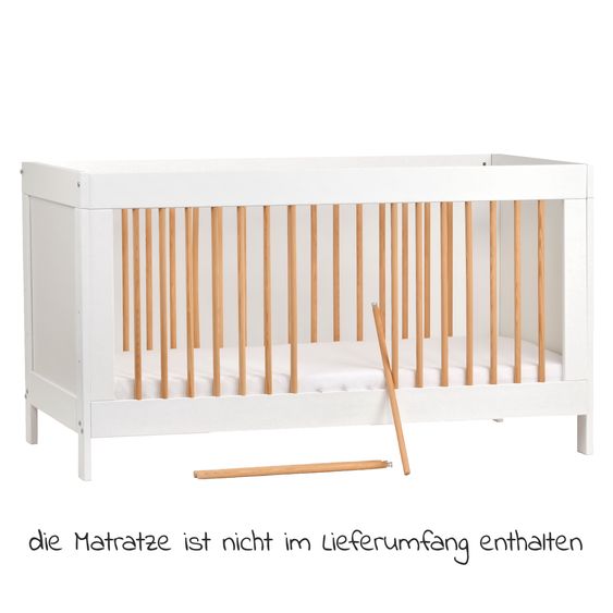 jonka Crib and toddler bed Erwin with 3-way height-adjustable slatted frame and 3 rungs 70 x 140 cm - White natural lattice