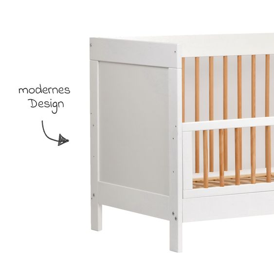 jonka Crib and toddler bed Erwin with 3-way height-adjustable slatted frame and 3 rungs 70 x 140 cm - White natural lattice