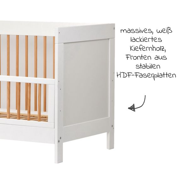 jonka Crib and toddler bed Erwin with 3-way height-adjustable slatted frame and 3 rungs 70 x 140 cm - White natural lattice