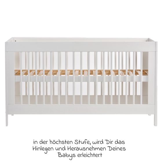 jonka Crib and toddler bed Erwin with 3-way height-adjustable slatted frame and 3 rungs 70 x 140 cm - White natural lattice