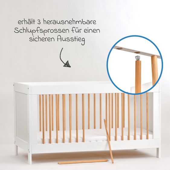 jonka Crib and toddler bed Erwin with 3-way height-adjustable slatted frame and 3 rungs 70 x 140 cm - White natural lattice