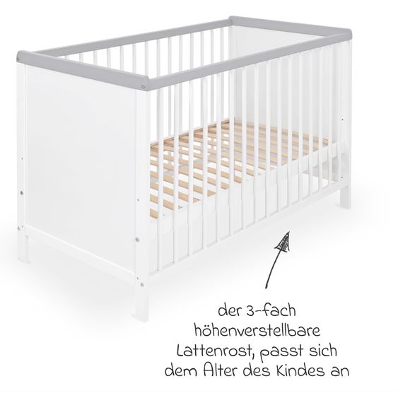 jonka Babybett und Kinderbett Sina 60 x 120 cm - Weiß Grau