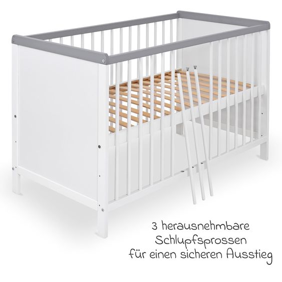 jonka Babybett und Kinderbett Sina 60 x 120 cm - Weiß Grau