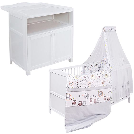 jonka Children's room economy set Mona with bed, changing unit, bedding, canopy, nest, mattress 70 x 140 cm - pair of owls - white