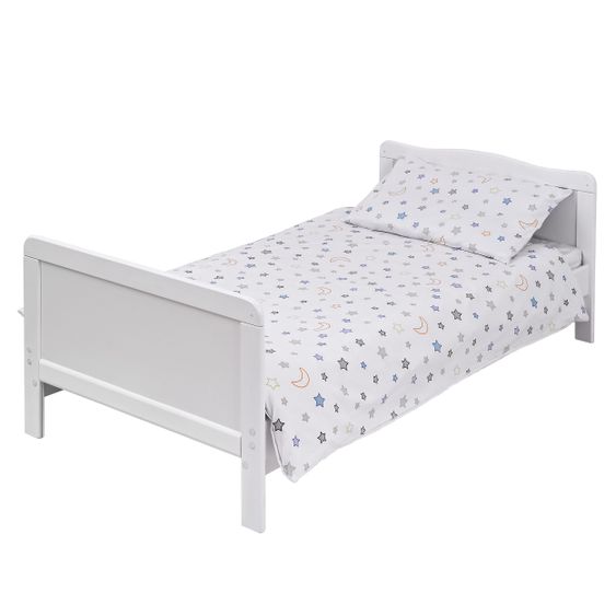 jonka Kinderzimmer Sparset Mona mit Bett, Wickelkommode, Bettwäsche, Himmel, Nestchen, Matratze 70x140 cm - Nachthimmel - Weiß