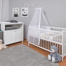 Kinderzimmer Sparset Mona mit Bett, Wickelkommode, Bettwäsche, Himmel, Nestchen & Matratze 70x140 cm - Spielbär - Weiß