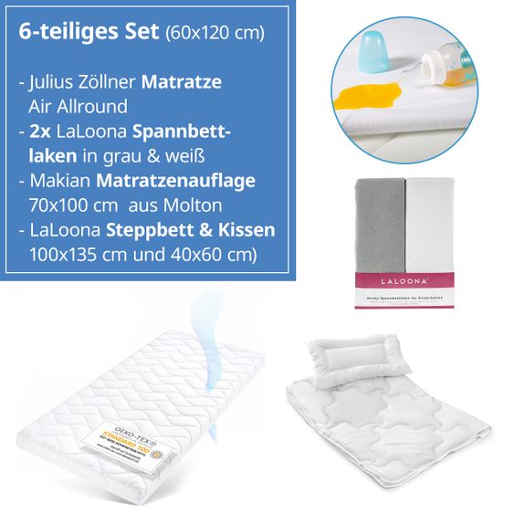 Julius Zöllner 6-tlg. Matratzen-Set für Kinderbett 60x120cm - Babymatratze Air Allround + Steppbett-Set + Betteinlage + 2 Spannbettlaken