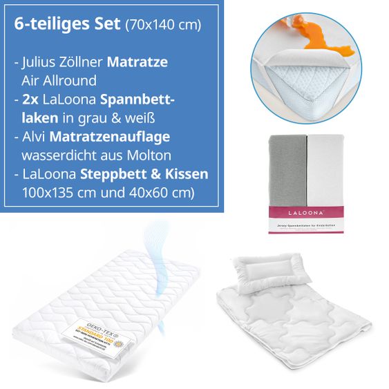 Julius Zöllner 6-piece mattress set for crib 70x140cm - baby mattress Air Allround + quilt set + bed liner + 2 fitted sheets