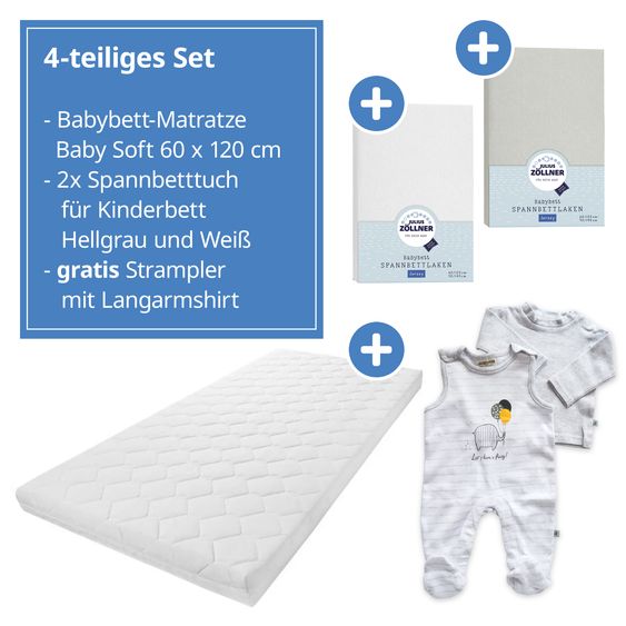 Julius Zöllner Babybett-Matratze Baby Soft 60 x 120 cm inkl. 2 Spannbettlaken + GRATIS Strampler & Shirt - Let`s have a Party