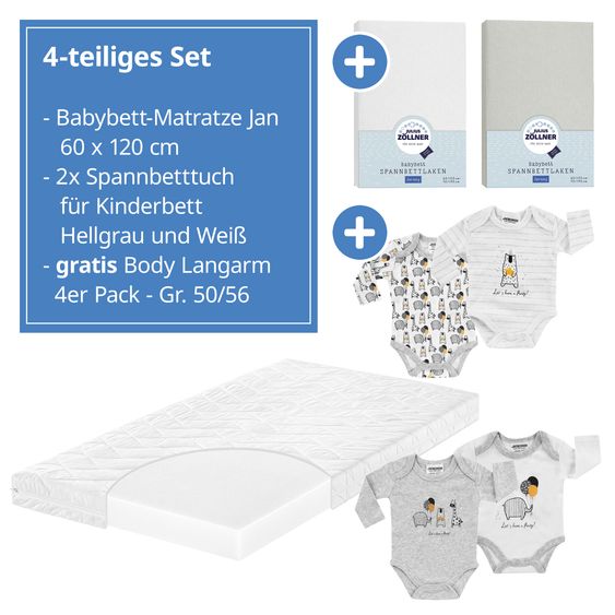 Julius Zöllner Babybett-Matratze Jan 60 x 120 cm inkl. 2 Spannbettlaken + GRATIS Body 4er Pack - Let`s have a Party