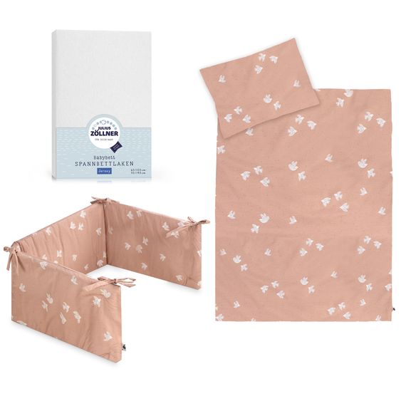 Julius Zöllner Set accessori per lettino Organic incl. biancheria da letto 100 x 135 / 40 x 60 cm, paracolpi 180 cm & lenzuolo con angoli 60 x 120 / 70 x 140 cm - Birdy