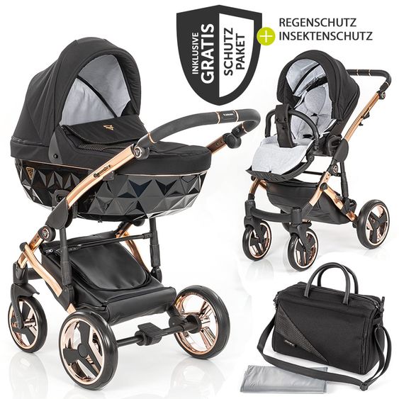 Junama 2in1 Kombi-Kinderwagen-Set Diamond Individual inkl. Babywanne, Sportsitz, Wickeltasche & Regenschutz - Schwarz Rosegold