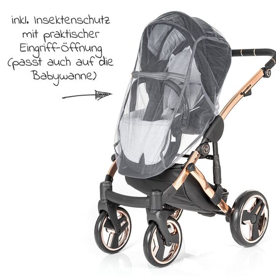 Junama 2in1 Kombi-Kinderwagen-Set Diamond Individual inkl. Babywanne, Sportsitz, Wickeltasche & Regenschutz - Schwarz Rosegold