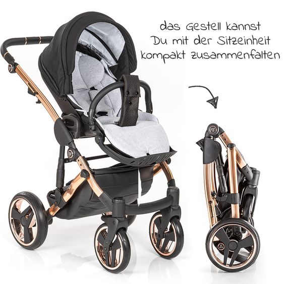 Junama 2in1 Kombi-Kinderwagen-Set Diamond Individual inkl. Babywanne, Sportsitz, Wickeltasche & Regenschutz - Schwarz Rosegold