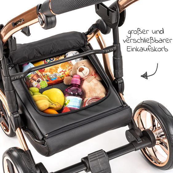 Junama 2in1 Kombi-Kinderwagen-Set Diamond Individual inkl. Babywanne, Sportsitz, Wickeltasche & Regenschutz - Schwarz Rosegold