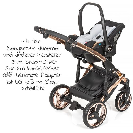 Junama 2in1 Kombi-Kinderwagen-Set Diamond Individual inkl. Babywanne, Sportsitz, Wickeltasche & Regenschutz - Schwarz Rosegold