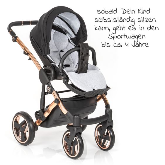 Junama 2in1 Kombi-Kinderwagen-Set Diamond Individual inkl. Babywanne, Sportsitz, Wickeltasche & Regenschutz - Schwarz Rosegold