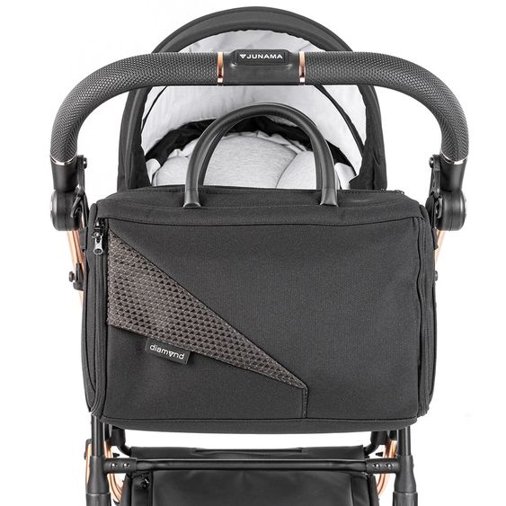 Junama 2in1 Kombi-Kinderwagen-Set Diamond Individual inkl. Babywanne, Sportsitz, Wickeltasche & Regenschutz - Schwarz Rosegold