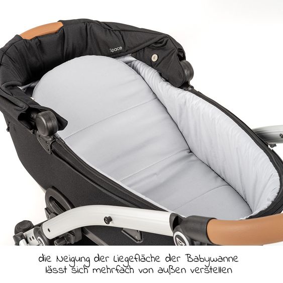 Junama 2in1 Kombi-Kinderwagen-Set Space inkl. Babywanne, Sportsitz,Wickeltasche & Regenschutz - Schwarz