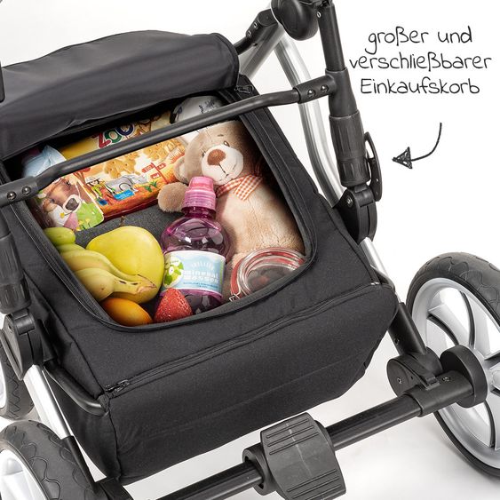 Junama 2in1 Kombi-Kinderwagen-Set Space inkl. Babywanne, Sportsitz,Wickeltasche & Regenschutz - Schwarz