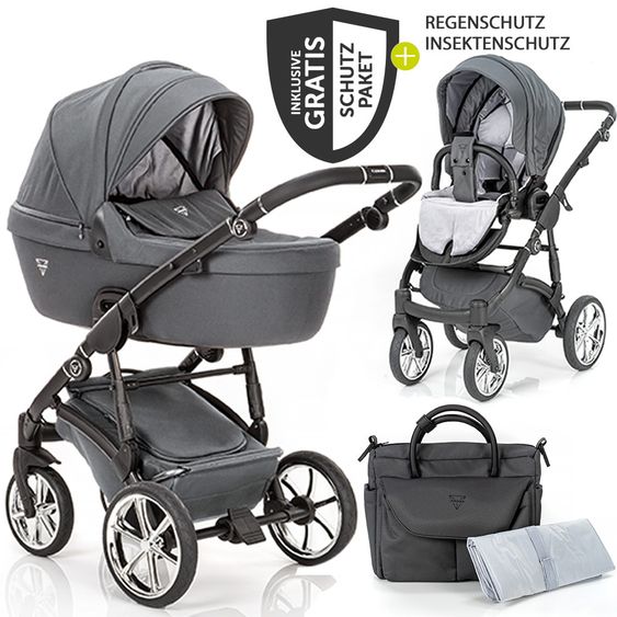Junama 2in1 Kombi-Kinderwagen-Set Termo Line Tex inkl. Babywanne, Sportsitz,Wickeltasche & Regenschutz - Grau
