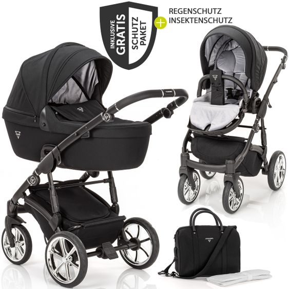 Junama 2in 1 Kombi-Kinderwagen-Set Termo Line Tex inkl. Babywanne, Sportsitz, Wickeltasche & Regenschutz - Schwarz