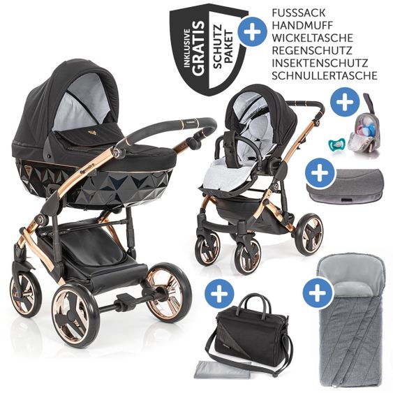 Junama 2in1 Kombikinderwagen-Set Diamond Individual - Babywanne, Sportsitz, Wickeltasche, Fußsack & Handmuff - Schwarz Rosegold