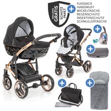 Set passeggino combinato 2in1 Diamond Individual - Navicella, seggiolino sportivo, borsa fasciatoio, coprigambe e manopola - Nero Rosegold