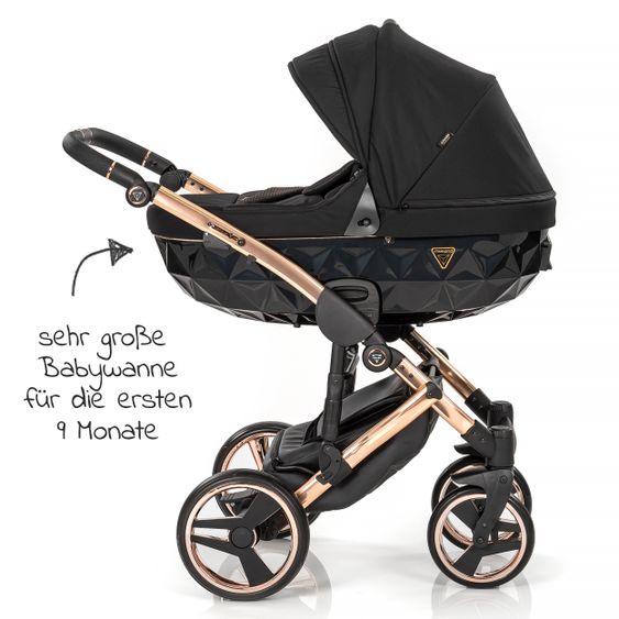 Junama 2in1 Kombikinderwagen-Set Diamond Individual - Babywanne, Sportsitz, Wickeltasche, Fußsack & Handmuff - Schwarz Rosegold