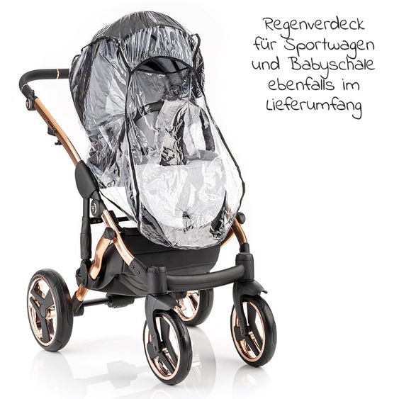 Junama 2in1 Kombikinderwagen-Set Diamond Individual - Babywanne, Sportsitz, Wickeltasche, Fußsack & Handmuff - Schwarz Rosegold
