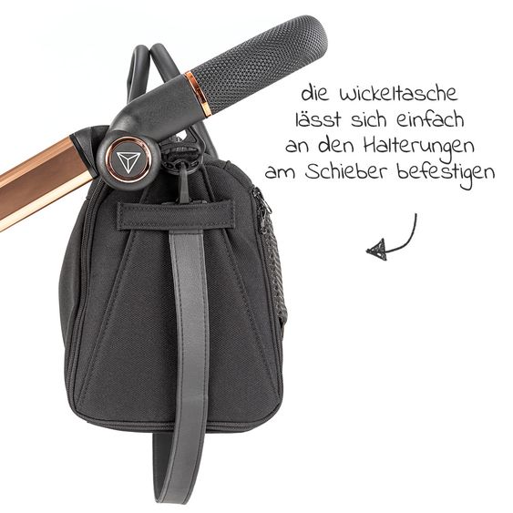 Junama 2in1 Kombikinderwagen-Set Diamond Individual - Babywanne, Sportsitz, Wickeltasche, Fußsack & Handmuff - Schwarz Rosegold