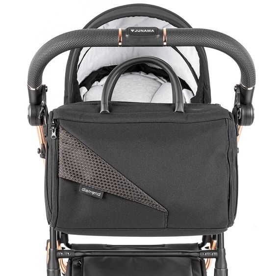 Junama 2in1 Kombikinderwagen-Set Diamond Individual - Babywanne, Sportsitz, Wickeltasche, Fußsack & Handmuff - Schwarz Rosegold