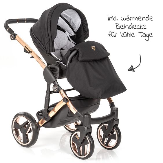 Junama 2in1 Kombikinderwagen-Set Diamond Individual - Babywanne, Sportsitz, Wickeltasche, Fußsack & Handmuff - Schwarz Rosegold
