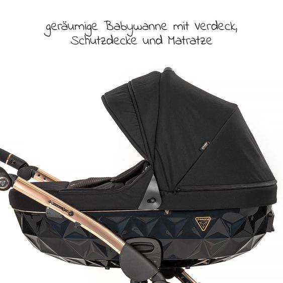 Junama 2in1 Kombikinderwagen-Set Diamond Individual - Babywanne, Sportsitz, Wickeltasche, Fußsack & Handmuff - Schwarz Rosegold