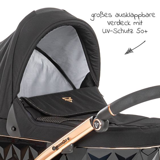 Junama 2in1 Kombikinderwagen-Set Diamond Individual - Babywanne, Sportsitz, Wickeltasche, Fußsack & Handmuff - Schwarz Rosegold