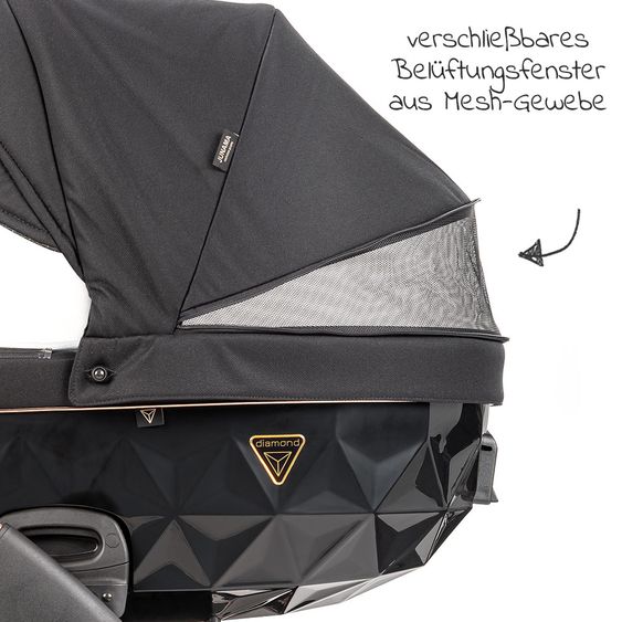Junama 2in1 Kombikinderwagen-Set Diamond Individual - Babywanne, Sportsitz, Wickeltasche, Fußsack & Handmuff - Schwarz Rosegold