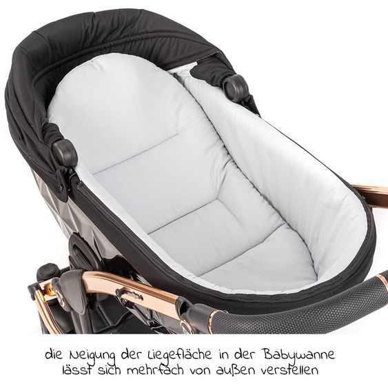 Junama 2in1 Kombikinderwagen-Set Diamond Individual - Babywanne, Sportsitz, Wickeltasche, Fußsack & Handmuff - Schwarz Rosegold