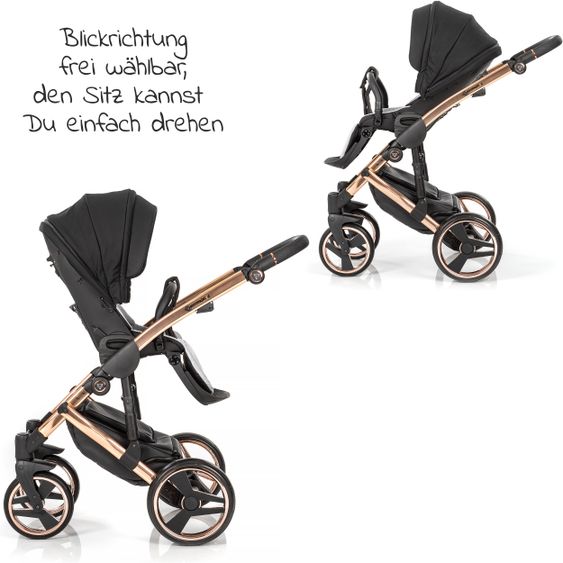 Junama 2in1 Kombikinderwagen-Set Diamond Individual - Babywanne, Sportsitz, Wickeltasche, Fußsack & Handmuff - Schwarz Rosegold