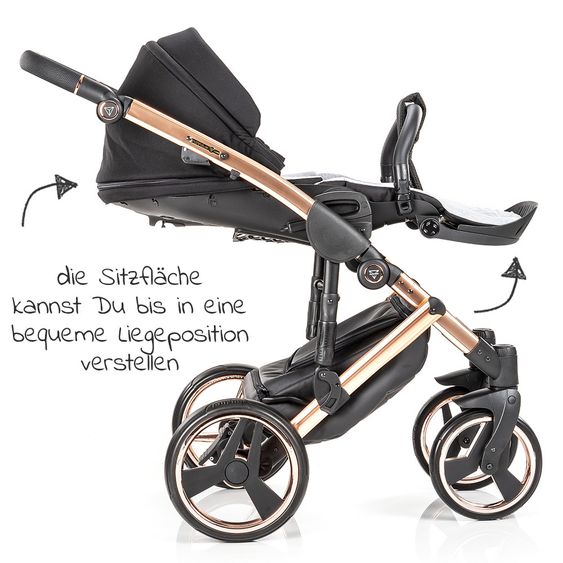 Junama 2in1 Kombikinderwagen-Set Diamond Individual - Babywanne, Sportsitz, Wickeltasche, Fußsack & Handmuff - Schwarz Rosegold