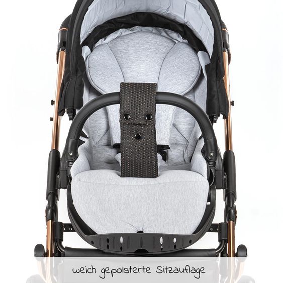 Junama 2in1 Kombikinderwagen-Set Diamond Individual - Babywanne, Sportsitz, Wickeltasche, Fußsack & Handmuff - Schwarz Rosegold