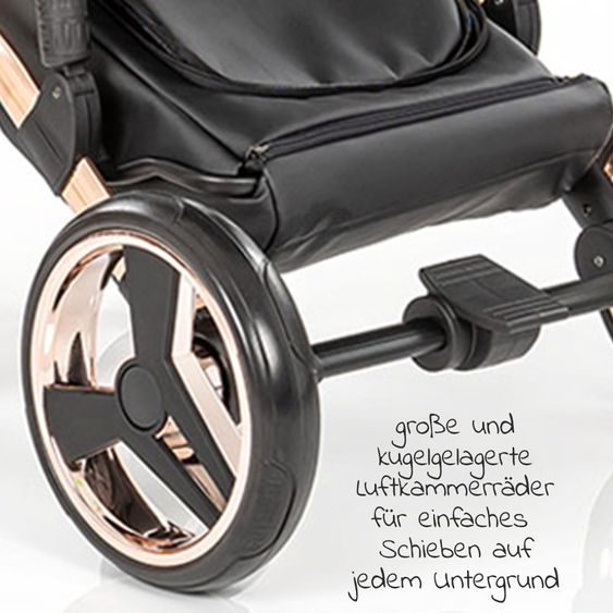 Junama 2in1 Kombikinderwagen-Set Diamond Individual - Babywanne, Sportsitz, Wickeltasche, Fußsack & Handmuff - Schwarz Rosegold