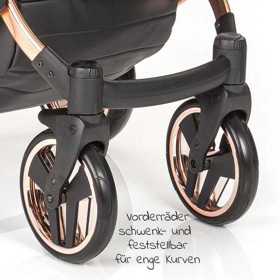 Junama 2in1 Kombikinderwagen-Set Diamond Individual - Babywanne, Sportsitz, Wickeltasche, Fußsack & Handmuff - Schwarz Rosegold