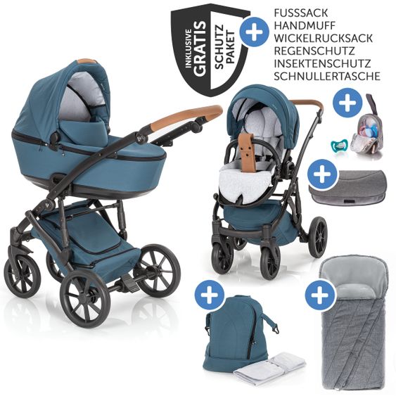 Junama Set passeggino 2in1 Combi Space con navicella, seggiolino sportivo, borsa fasciatoio, cuscino per i piedi e cuscino per le mani - Verde
