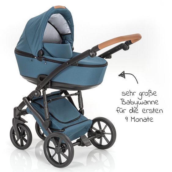 Junama Set passeggino 2in1 Combi Space con navicella, seggiolino sportivo, borsa fasciatoio, cuscino per i piedi e cuscino per le mani - Verde