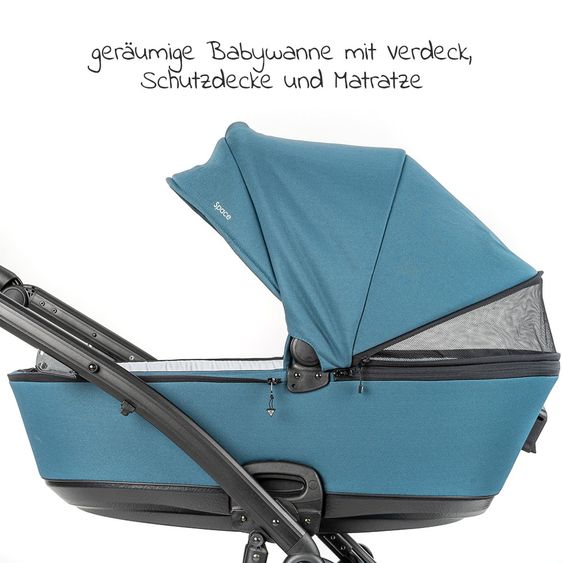 Junama Set passeggino 2in1 Combi Space con navicella, seggiolino sportivo, borsa fasciatoio, cuscino per i piedi e cuscino per le mani - Verde