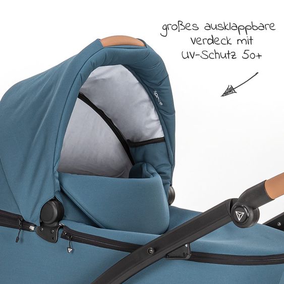 Junama Set passeggino 2in1 Combi Space con navicella, seggiolino sportivo, borsa fasciatoio, cuscino per i piedi e cuscino per le mani - Verde