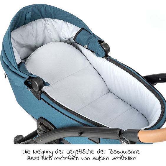 Junama Set passeggino 2in1 Combi Space con navicella, seggiolino sportivo, borsa fasciatoio, cuscino per i piedi e cuscino per le mani - Verde