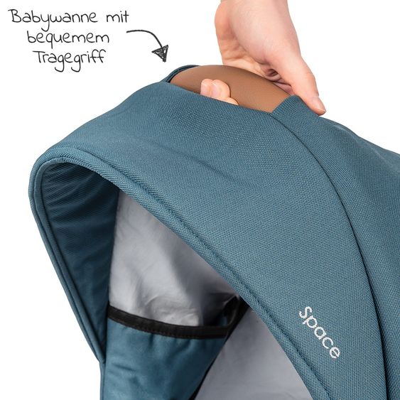 Junama Set passeggino 2in1 Combi Space con navicella, seggiolino sportivo, borsa fasciatoio, cuscino per i piedi e cuscino per le mani - Verde