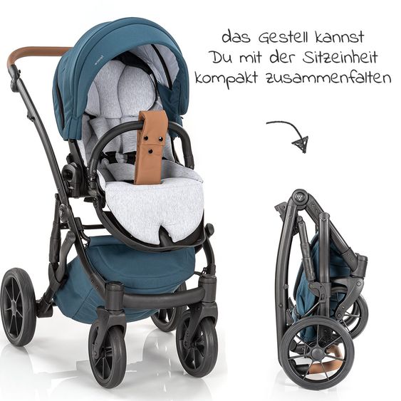 Junama Set passeggino 2in1 Combi Space con navicella, seggiolino sportivo, borsa fasciatoio, cuscino per i piedi e cuscino per le mani - Verde